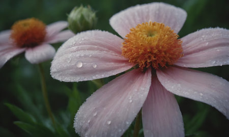pink flower with raindrops on the petals on a green backgroundの写真素材
