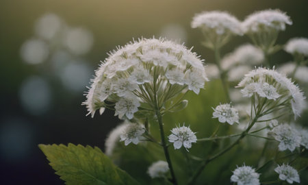 White flowers with green leaves on a blurred background. Close-up.の写真素材