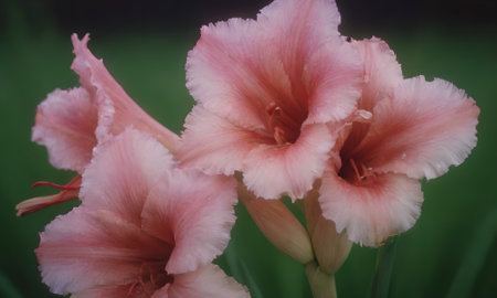 Beautiful pink gladiolus flowers in the garden close up.の写真素材