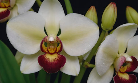 White and red orchids on a black background, close-upの写真素材