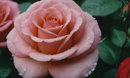 Pink rose with water droplets on petals, close-upの写真素材