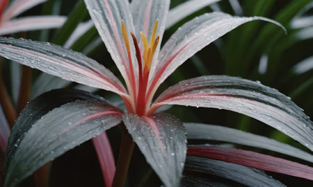 Raindrops on the leaves of a tropical plant. Close-up.の写真素材