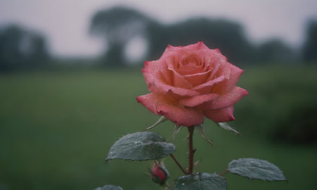 Beautiful red rose on a green meadow in the rain.の写真素材