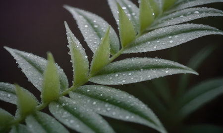Leaves of a plant with water droplets in the morning.の写真素材