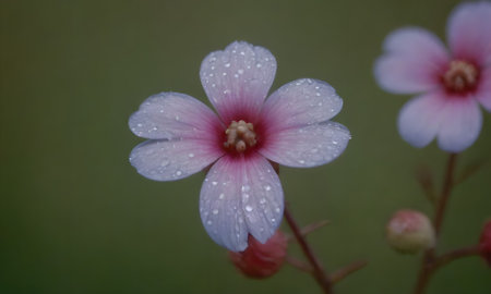 Close up of pink flowers with water droplets on the petalsの写真素材