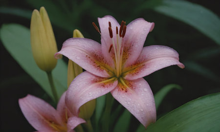 pink lily with water drops on the petals and green leavesの写真素材