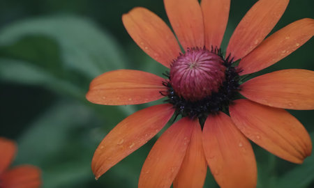 Close up of orange flower with water droplets on petals.の写真素材