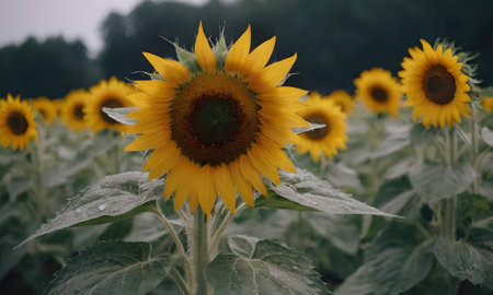 Sunflower on the field. Beautiful sunflowers grow in the field.の写真素材