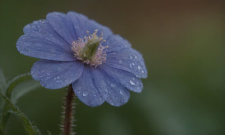 Blue flower with raindrops on a green background. Shallow depth of fieldの写真素材