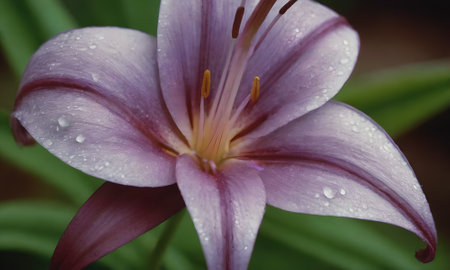 Beautiful purple lily flower with raindrops on the petalsの写真素材