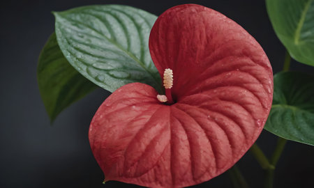 Red anthurium flower with green leafs on black background.の写真素材