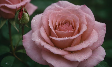 Beautiful pink rose with dew drops on petals close upの写真素材