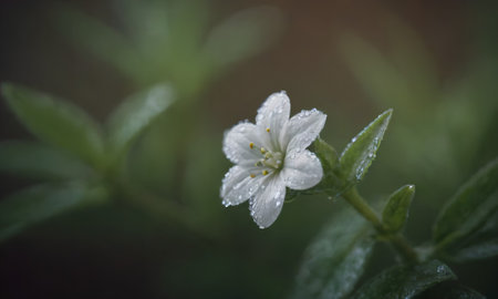 Little white flower with water drops on the petals and green leavesの写真素材