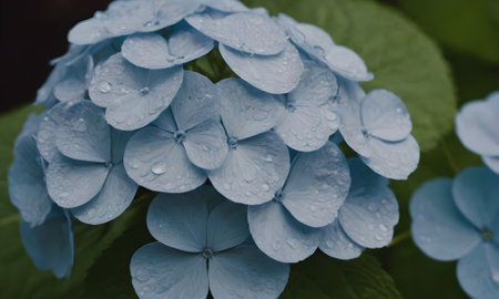 Blue Hydrangea macrophylla flower with water drops on petalsの写真素材