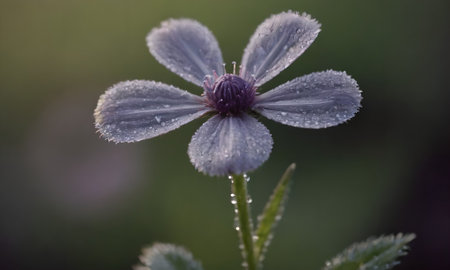 Water droplets on the petals of a small purple flower.の写真素材