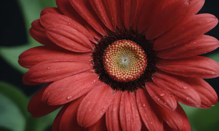 Beautiful red gerbera flower with raindrops on petalsの写真素材
