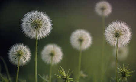 Dandelion flowers in the meadow. Dandelion seeds on meadow.の写真素材