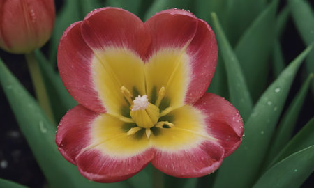 tulips. a bulbous spring-flowering plant of the lily family, with boldly colored cup-shaped flowers.の写真素材