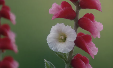 Flower of a red and white salvia with water dropletsの写真素材
