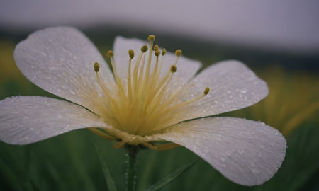 Close up of a white flower with raindrops on the petalsの写真素材