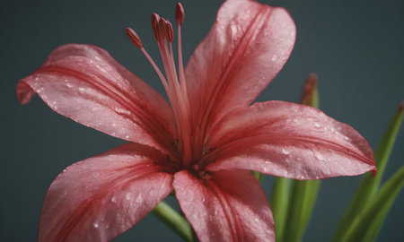 Beautiful pink lily with water drops on a dark background.の写真素材