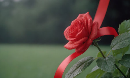 Red rose with red ribbon on green field background, shallow depth of fieldの写真素材