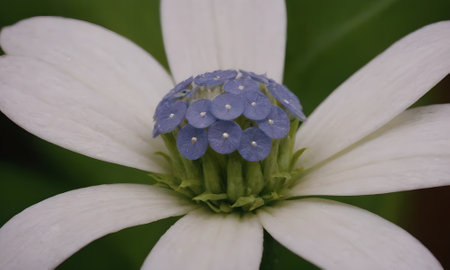 Close up of a white flower with blue petals and white petalsの写真素材