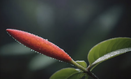 Close up of red flower with water droplets on green leaf.の写真素材