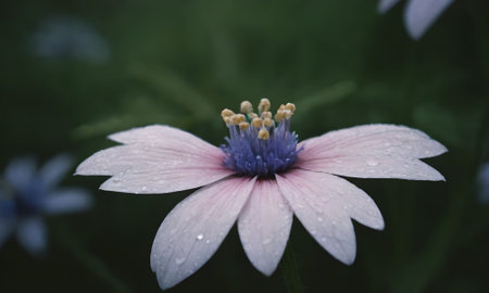 Purple and white flower with water droplets on the petalsの写真素材