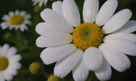 chamomile flower with dew drops on petals close upの写真素材