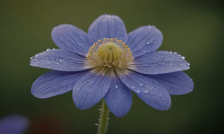 Close up of a blue anemone flower with raindrops.の写真素材