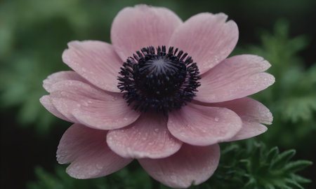Pale pink anemone flower with raindrops on petalsの写真素材
