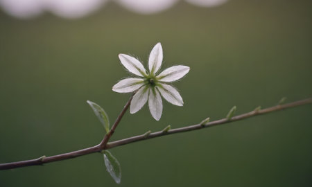Close up of small white flower on green background with bokehの写真素材
