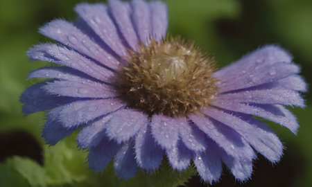 Flower of a blue daisy with dew drops close upの写真素材