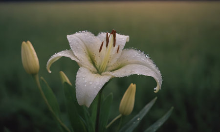 White lily flower with water drops on the petals and green grass backgroundの写真素材