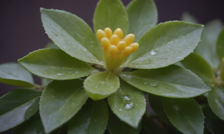 Ixora plant with yellow flower and raindrops on the leavesの写真素材