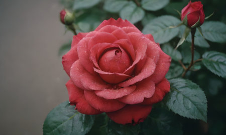 Beautiful red rose with water drops on petals in the gardenの写真素材