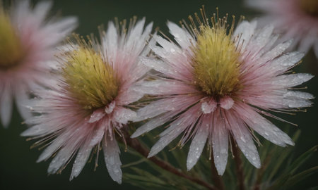 Close up of pink and white flowers with water droplets on petalsの写真素材