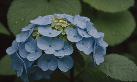 Blue hydrangea flowers with raindrops on the petalsの写真素材