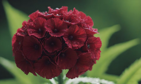 Red hydrangea flower with dew drops on green backgroundの写真素材