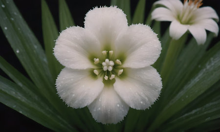 White flower with water drops on its petals and green leaves.の写真素材