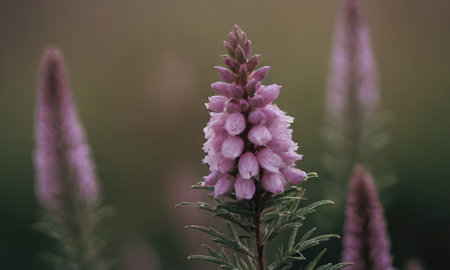 Close up of pink heather flowers in bloom, shallow depth of fieldの写真素材