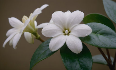 White Jasmine flower with green leaf background. (Scientific name Jasminum indicum)の写真素材