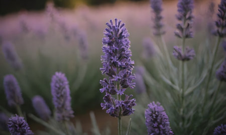 Lavender flowers in the field at sunset. Selective focus.の写真素材