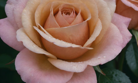 Close up of pink rose with water droplets on petals.の写真素材