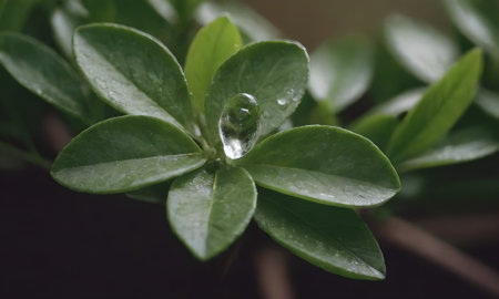 Water droplets on the leaves of a plant after a rain.の写真素材