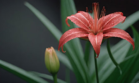 Red lily with rain drops on petals, close-upの写真素材