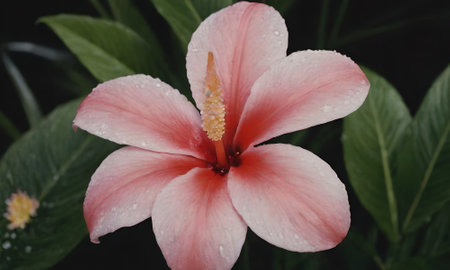 pink hibiscus flower with water drops on petalsの写真素材