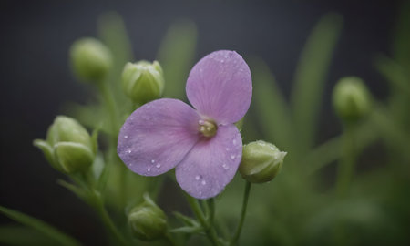 Purple flower with water droplets on the petals and budsの写真素材