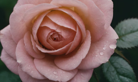 Pink rose with water droplets on petals, close-upの写真素材